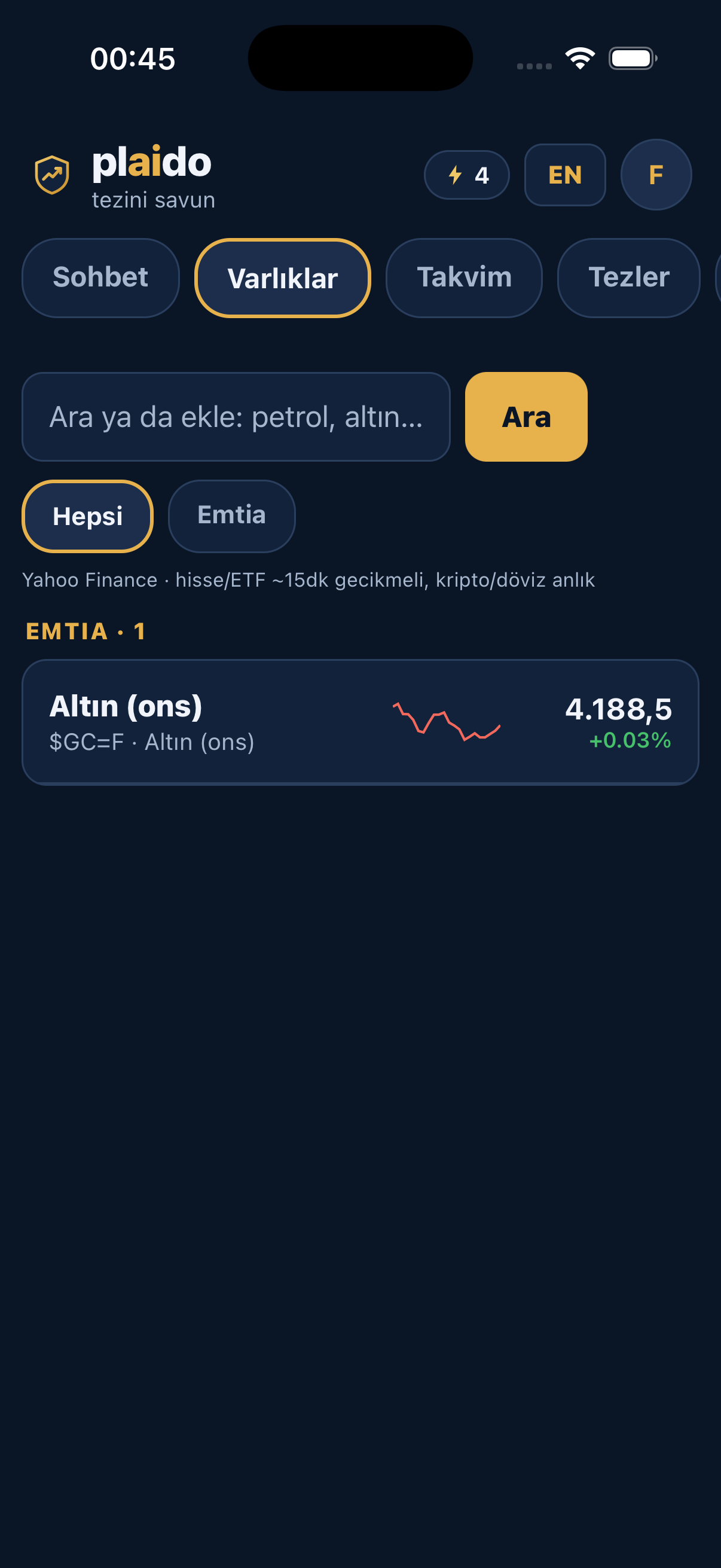 Plaido uygulama ekranı, varlık takibi